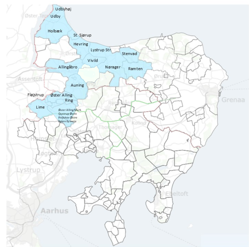 Kort over AquaDjurs' vandforsyningsområde 